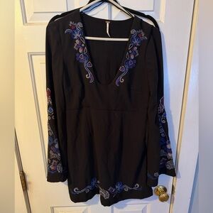 Free People Black Top with Blue and Purple Embroidery